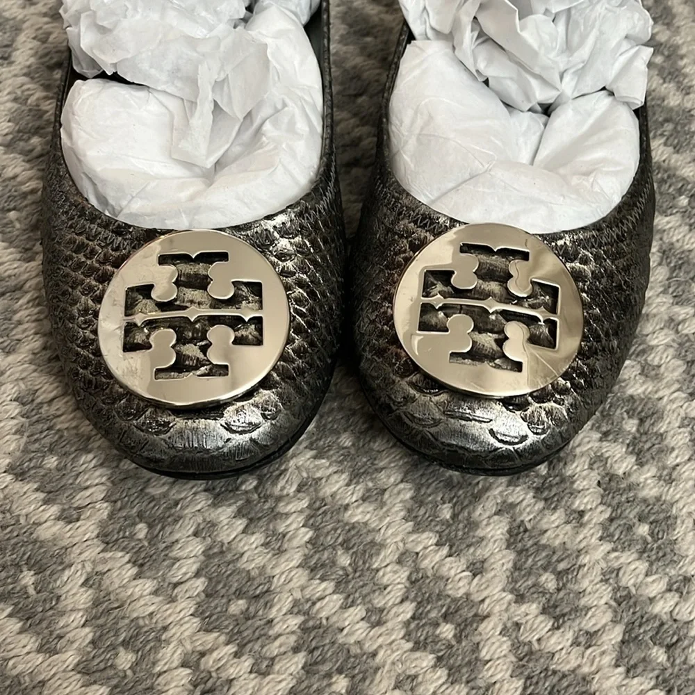 Tory Burch Reva Silver Ballet Flats Reptile Print